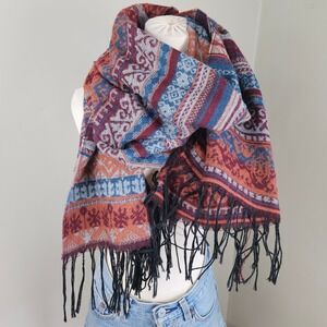 Sacred Threads Woven Boho Tribal Scarf Wrap Rust Teal Maroon